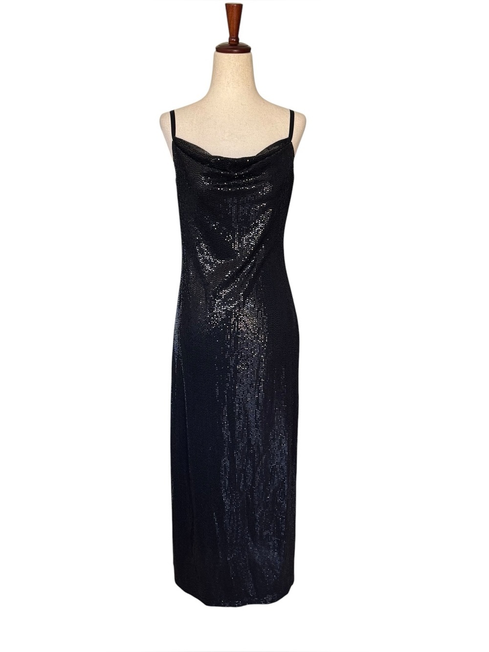 Vintage 90s Y2K BEBE Black Glitter Sequin Slip Party Evening Dress Cowl Neck